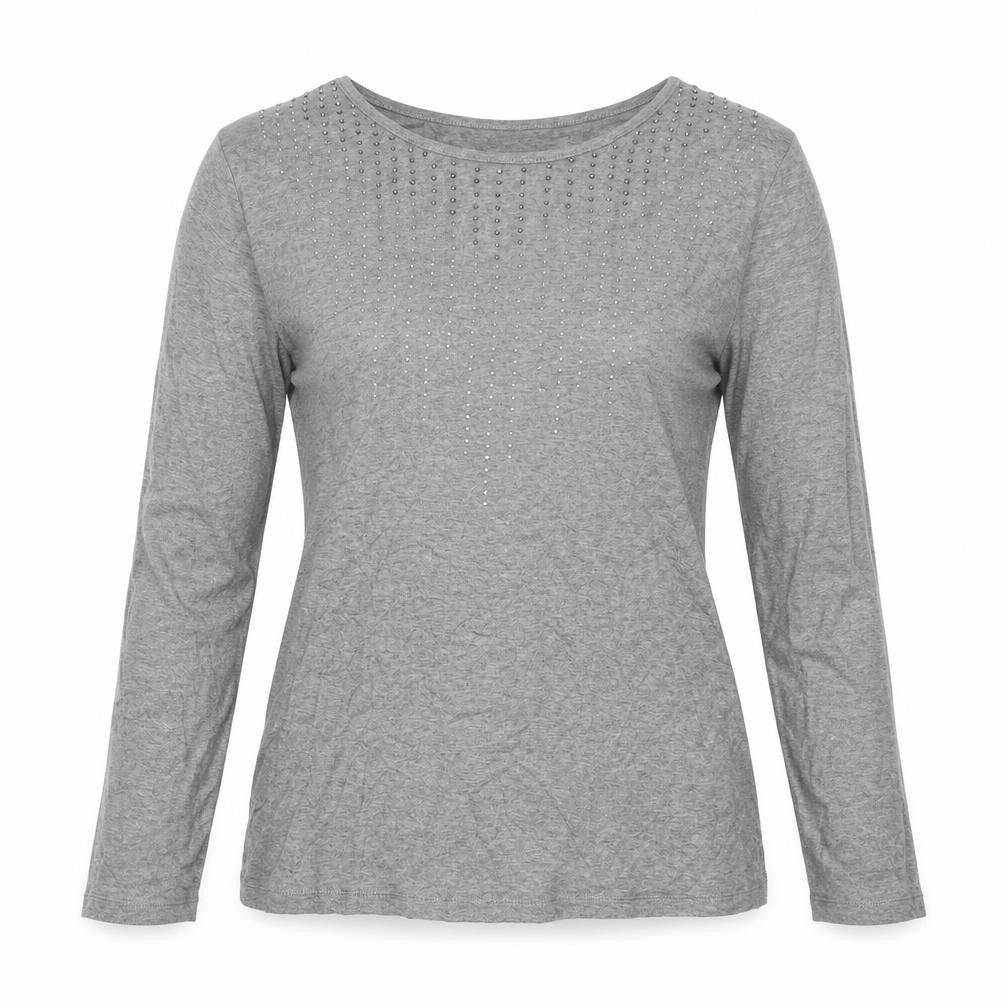 Front view of text. women’s grey viscose jersey blouse, size M, round neck