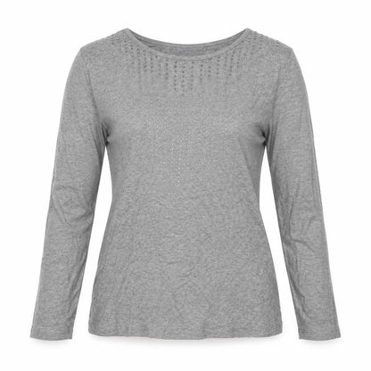 Front view of text. women’s grey viscose jersey blouse, size M, round neck