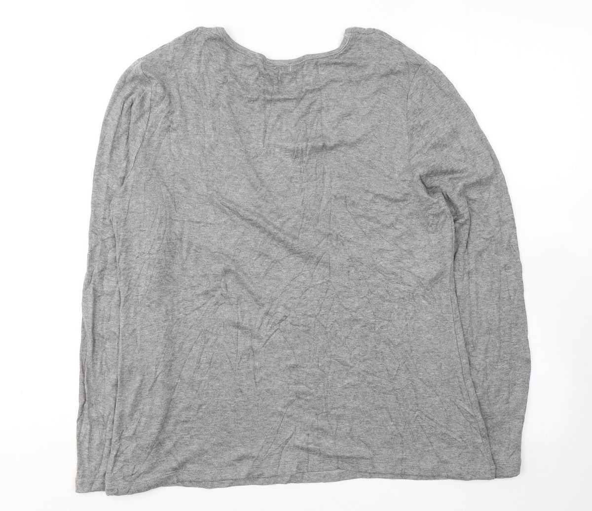 Back view of text. women’s grey viscose jersey blouse, size M, round neck