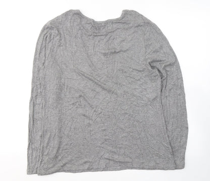 Back view of text. women’s grey viscose jersey blouse, size M, round neck