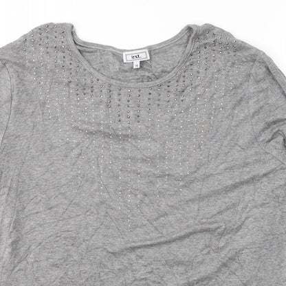 Close-up detail of text. women’s grey viscose jersey blouse, size M, round neck