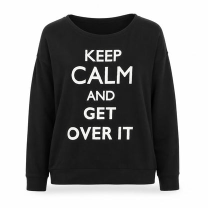 Front view of H&M women’s black 100% cotton pullover sweatshirt, size M, pullover - keep calm & get over it