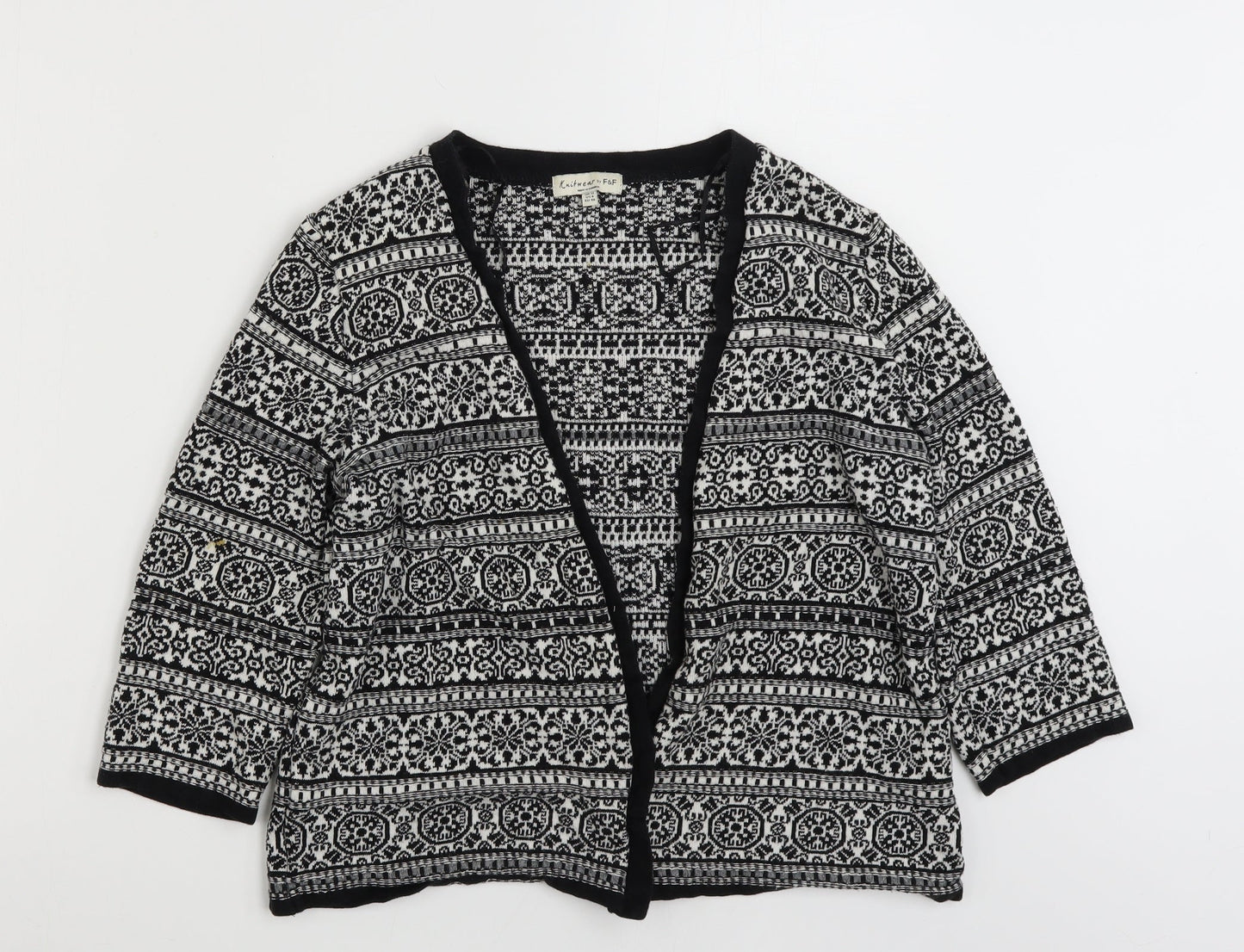 F&F Womens Black V-Neck Geometric Cotton Cardigan Jumper Size 12