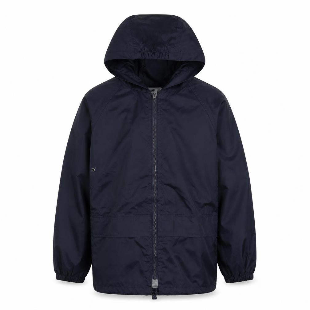 Front view of TruTex boys’ blue rain coat jacket, size L, zip