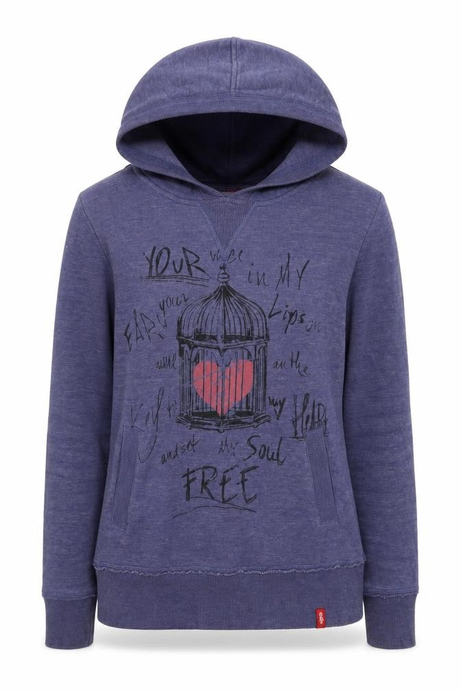 Front view of EDC women’s blue cotton pullover hoodie, size S, pullover