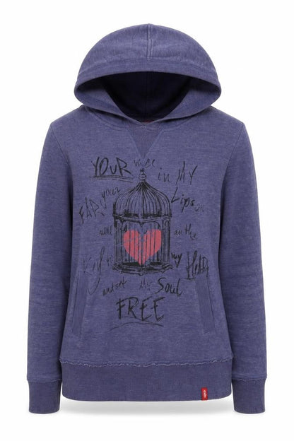 Front view of EDC women’s blue cotton pullover hoodie, size S, pullover