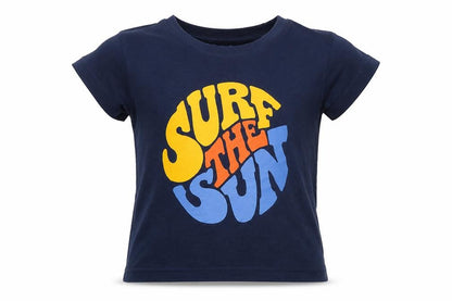 Front view of Primark boys’ blue polyester basic t-shirt, size 2-3, years round neck - surf the sun