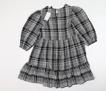 New Look Womens Black Plaid Cotton Fit & Flare  Size 6  Round Neck