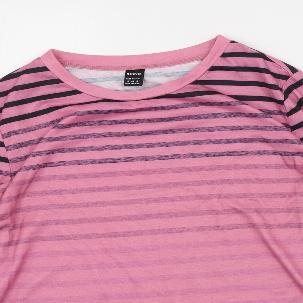 SheIn Womens Pink Striped Polyester Basic T-Shirt Size S Round Neck
