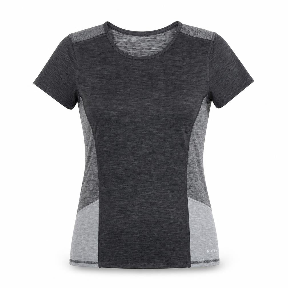 Front view of Soluxe women’s grey polyester basic casual, size S, round neck