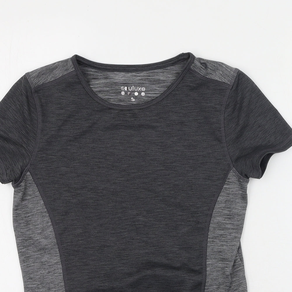 Close-up detail of Soluxe women’s grey polyester basic casual, size S, round neck