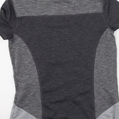 Brand and care label for Soluxe women’s grey polyester basic casual, size S, round neck