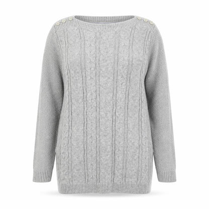 Front view of Maine New England women’s grey round neck nylon jumper, size UK 10