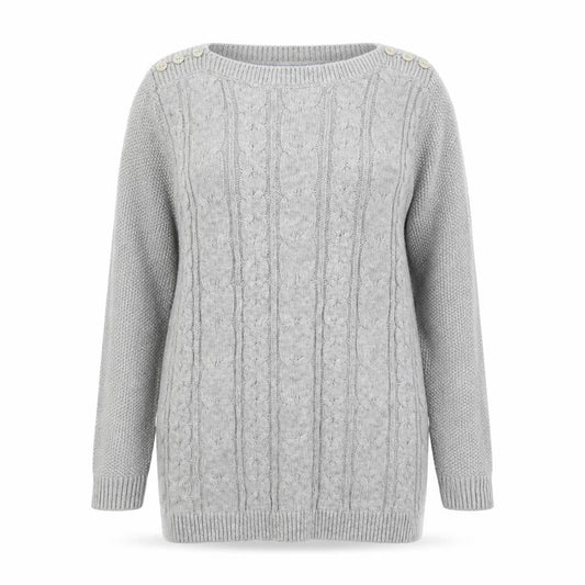 Front view of Maine New England women’s grey round neck nylon jumper, size UK 10