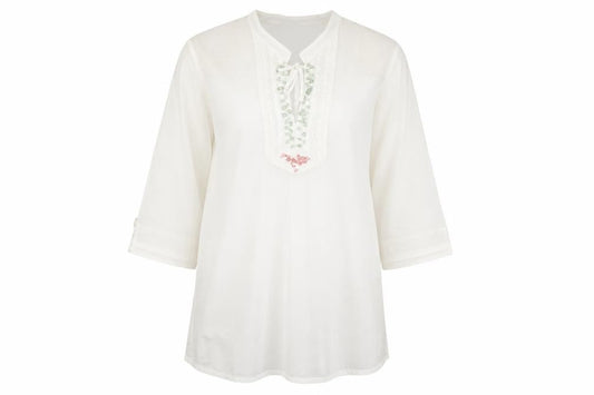 Front view of Gelco women’s ivory cotton basic blouse, size UK 10, v-neck