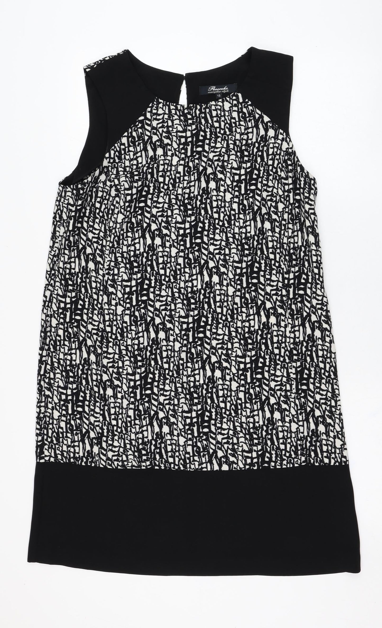 Peacocks Womens Black Geometric Polyester Shift  Size 12  Scoop Neck Pullover