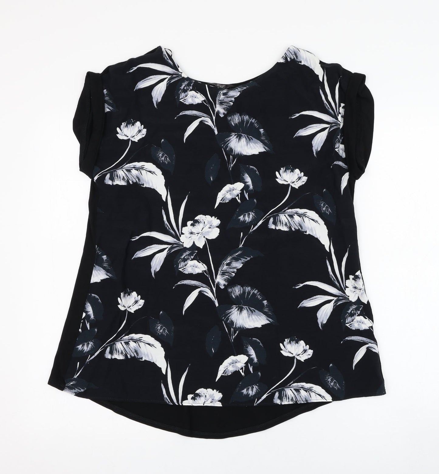 F&F Womens Black Floral Viscose Tunic T-Shirt Size 8 Round Neck