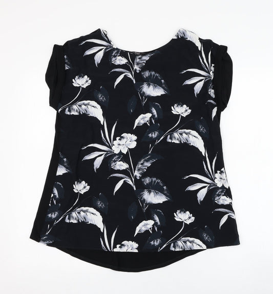F&F Womens Black Floral Viscose Tunic T-Shirt Size 8 Round Neck