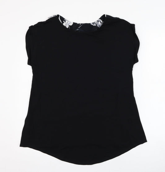 F&F Womens Black Floral Viscose Tunic T-Shirt Size 8 Round Neck
