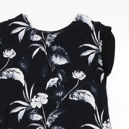 F&F Womens Black Floral Viscose Tunic T-Shirt Size 8 Round Neck