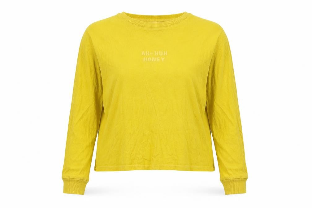 Front view of Tbar Limtied women’s yellow cotton pullover sweatshirt, size M, pullover - slogan