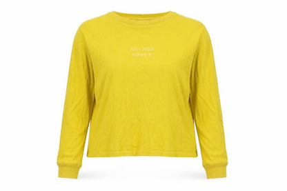 Front view of Tbar Limtied women’s yellow cotton pullover sweatshirt, size M, pullover - slogan