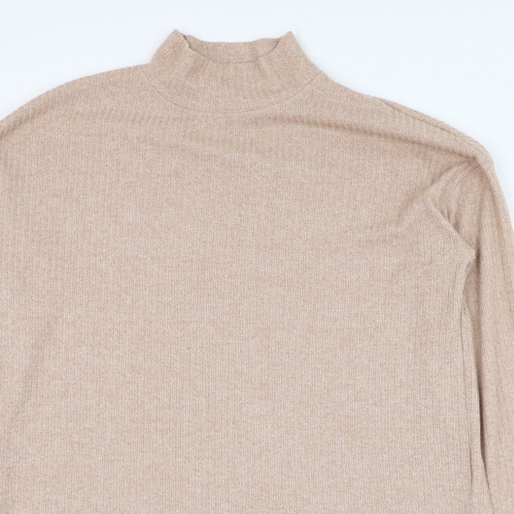 Close-up detail of Dunnes women’s brown mock neck polyester jumper, size UK 12