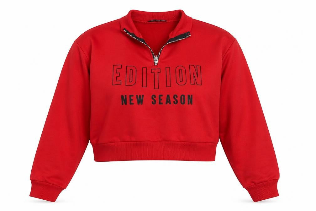 Front view of Boohoo women’s red polyester pullover sweatshirt, size UK 10