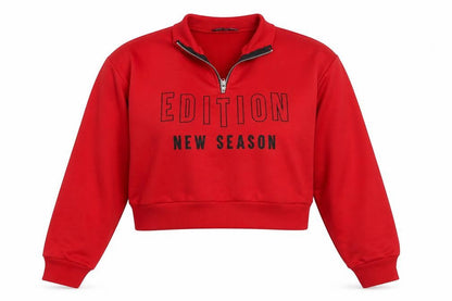 Front view of Boohoo women’s red polyester pullover sweatshirt, size UK 10