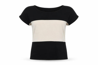 Front view of E Vie women’s black colourblock viscose basic polo, size UK 8, round neck