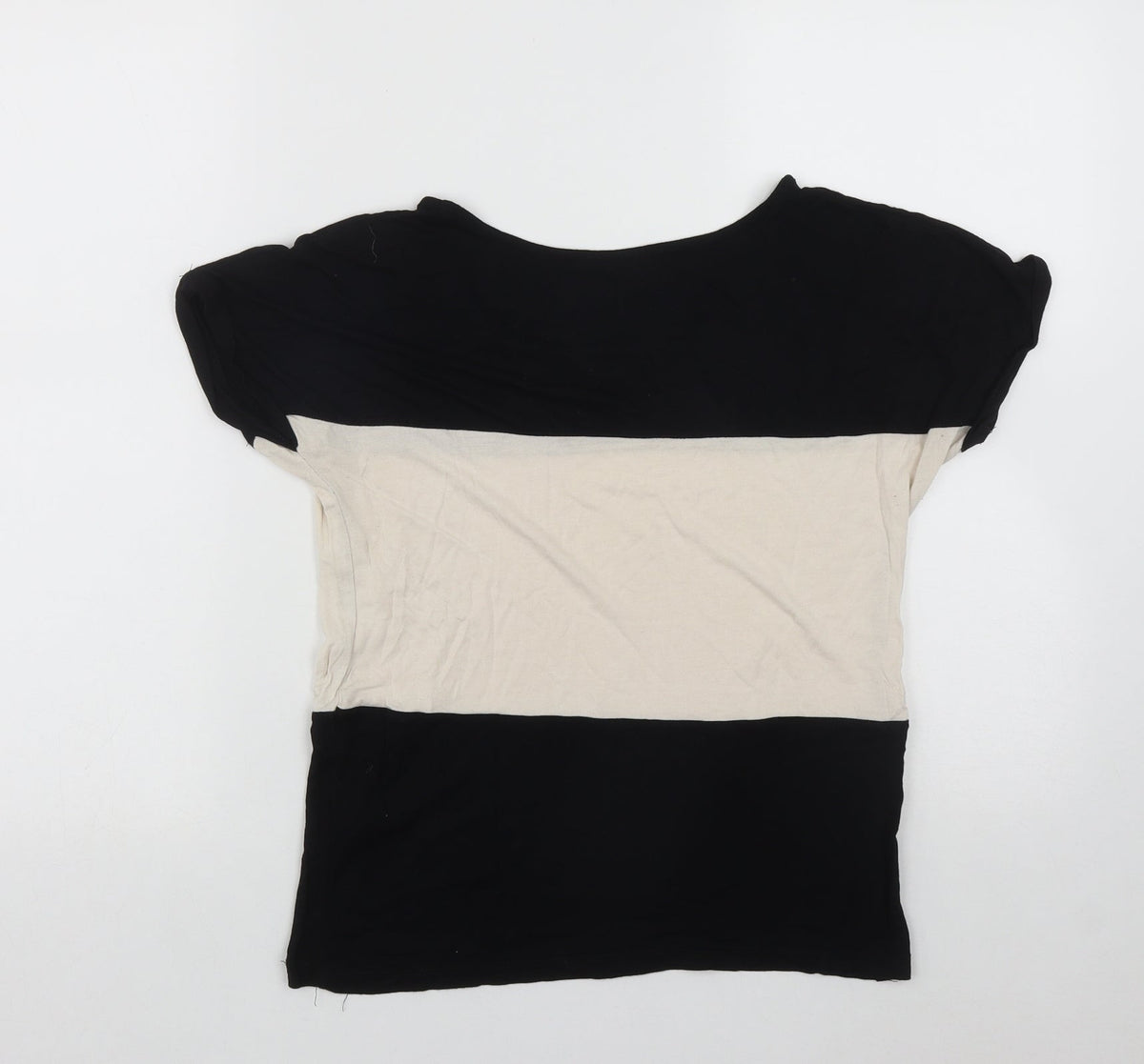 Back view of E Vie women’s black colourblock viscose basic polo, size UK 8, round neck