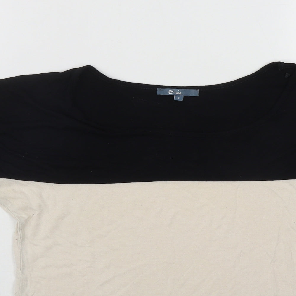 Close-up detail of E Vie women’s black colourblock viscose basic polo, size UK 8, round neck