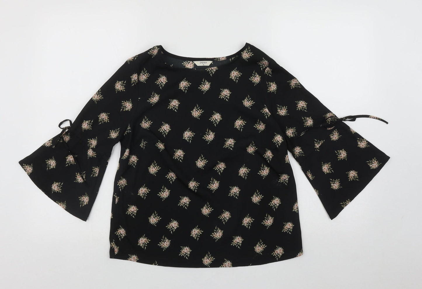 Papaya Womens Black Floral Polyester Basic Blouse Size 8 Round Neck