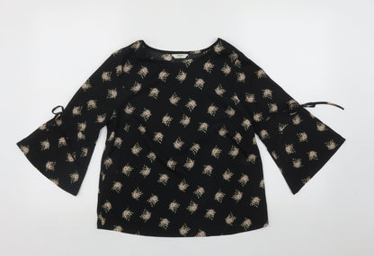 Papaya Womens Black Floral Polyester Basic Blouse Size 8 Round Neck
