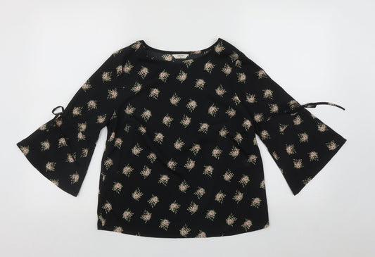 Papaya Womens Black Floral Polyester Basic Blouse Size 8 Round Neck