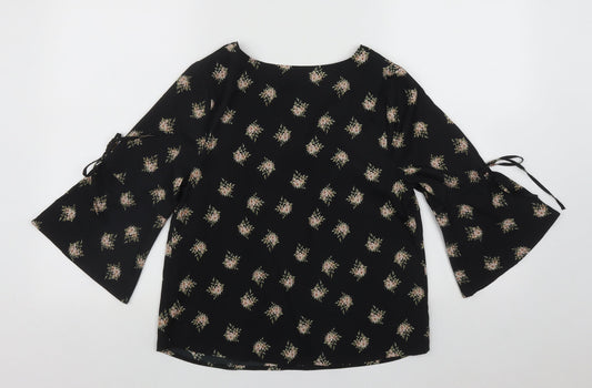 Papaya Womens Black Floral Polyester Basic Blouse Size 8 Round Neck