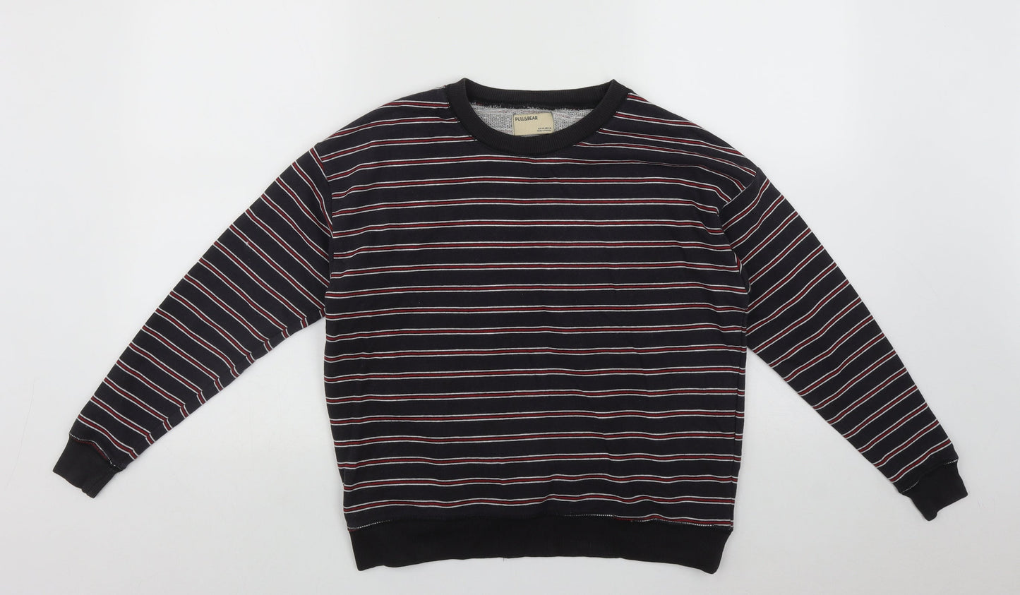 Pull&Bear Mens Black Round Neck Striped Cotton Pullover Jumper Size XS