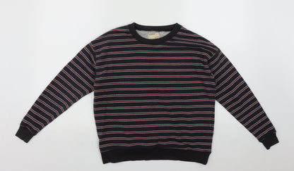 Pull&Bear Mens Black Round Neck Striped Cotton Pullover Jumper Size XS