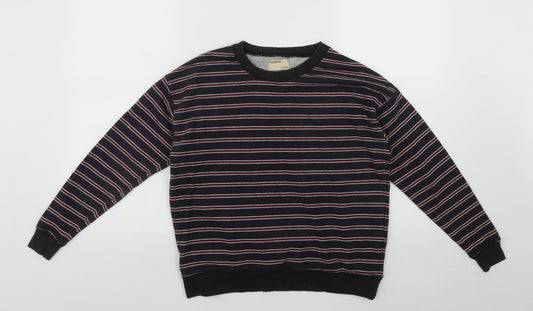Pull&Bear Mens Black Round Neck Striped Cotton Pullover Jumper Size XS