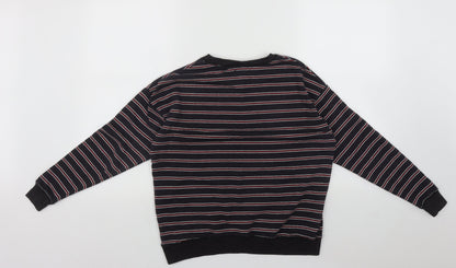 Pull&Bear Mens Black Round Neck Striped Cotton Pullover Jumper Size XS