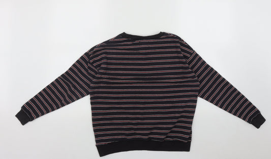 Pull&Bear Mens Black Round Neck Striped Cotton Pullover Jumper Size XS