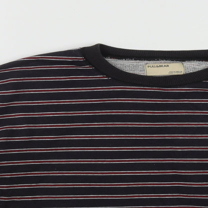 Pull&Bear Mens Black Round Neck Striped Cotton Pullover Jumper Size XS
