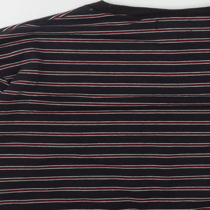 Pull&Bear Mens Black Round Neck Striped Cotton Pullover Jumper Size XS