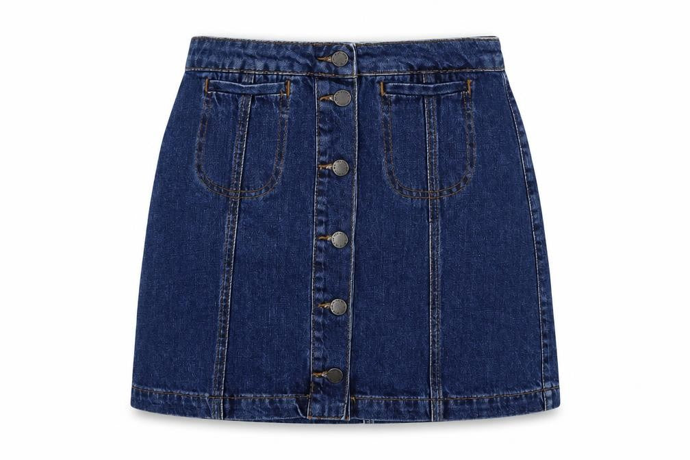 Front view of Topshop women’s blue cotton a-line skirt, size UK 26, in button