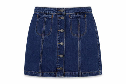 Front view of Topshop women’s blue cotton a-line skirt, size UK 26, in button
