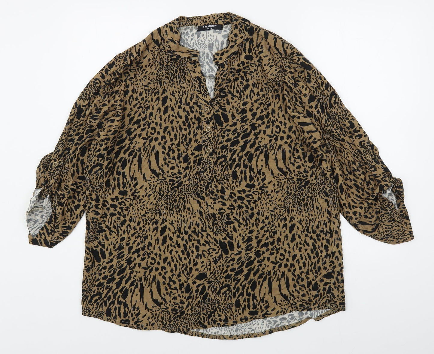 Zabaione Womens Brown Animal Print Viscose Basic Blouse Size L V-Neck
