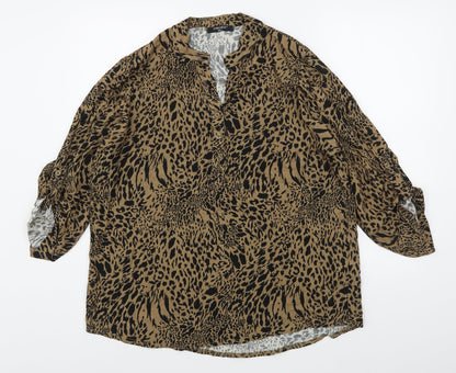 Zabaione Womens Brown Animal Print Viscose Basic Blouse Size L V-Neck