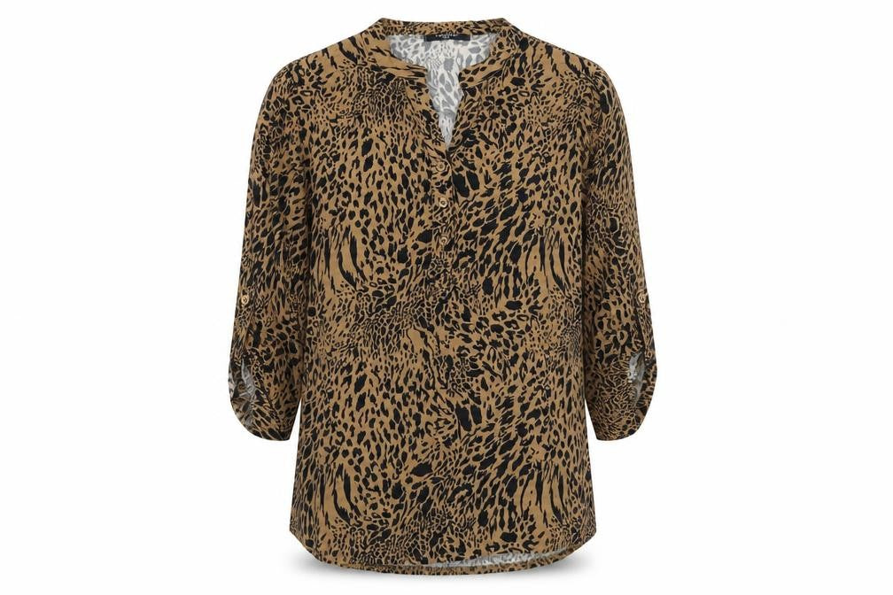 Front view of Zabaione women’s brown animal print viscose basic blouse, size L, v-neck
