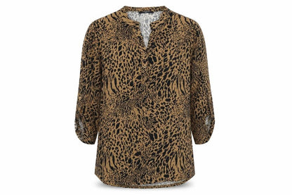 Front view of Zabaione women’s brown animal print viscose basic blouse, size L, v-neck