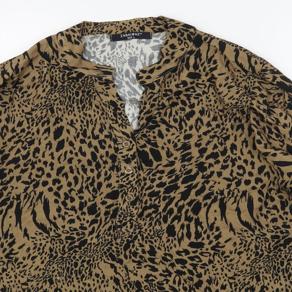 Zabaione Womens Brown Animal Print Viscose Basic Blouse Size L V-Neck